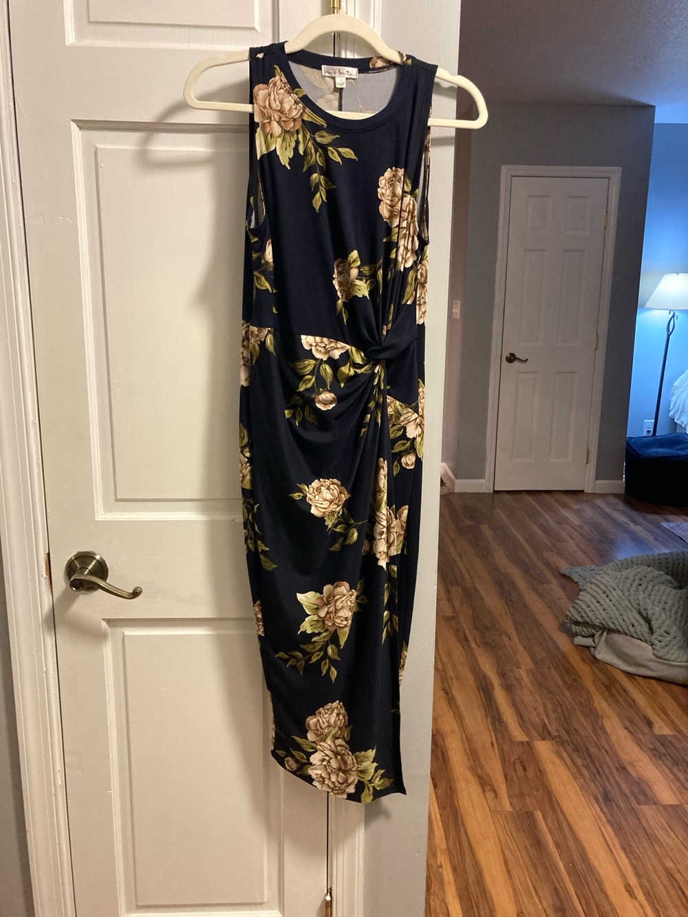 nine britton Navy Midi Dress with Beige Floral Twist Detail